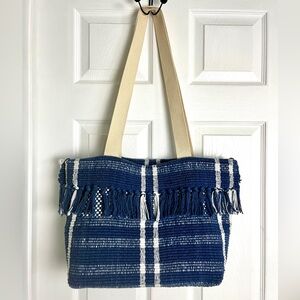 Boho Woven Blue Stripe Fringe Tote Bag Cotton Beach Market Bag